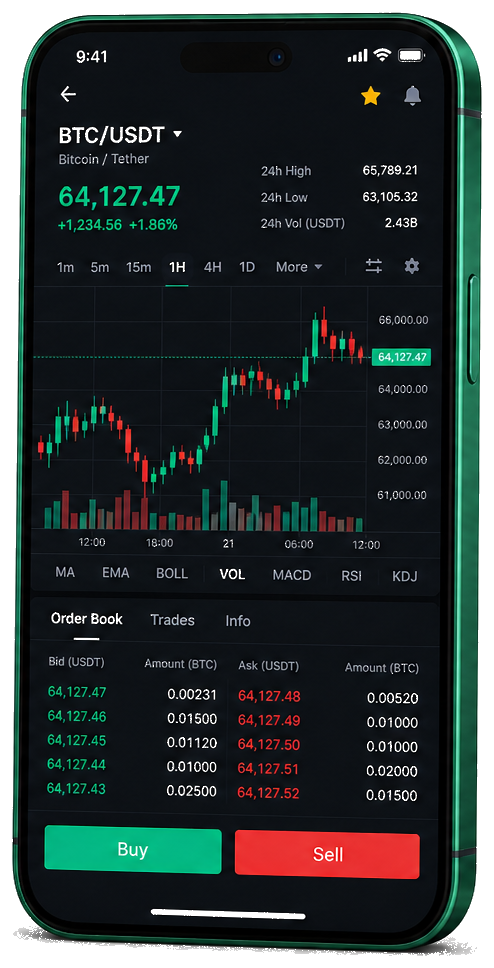Briand Monteve trading platform on mobile — live BTC/USDT chart, order book, and buy/sell interface